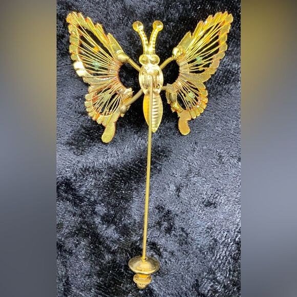 Gold Tone Butterfly Hat Or Stick Pin Orange Sparkle Light Blue Rhinestone Eyes - Picture 4 of 4